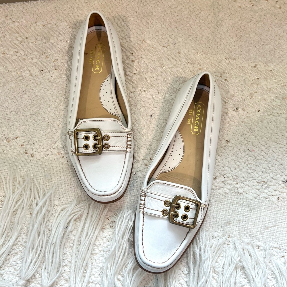 Coach White Leather Flats with Gold Buckle